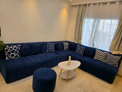 Large Royal Blue Corner Sofa with Ottoman