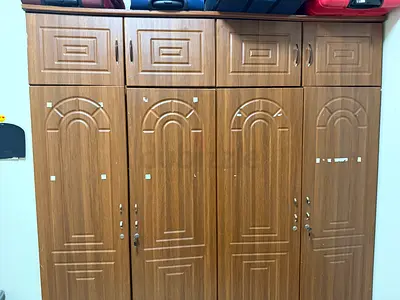 Large 4-Door Wooden Wardrobe with Overhead Cabinets - Good Condition