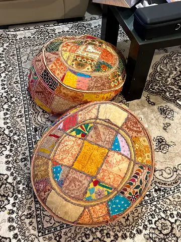 Pair of Round Patchwork Floor Poufs / Ottoman Cushions