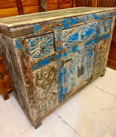 Distressed Antique Blue Carved Wooden Sideboard / Cabinet