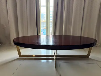 Dark Wood Oval Coffee Table with Metal Base
