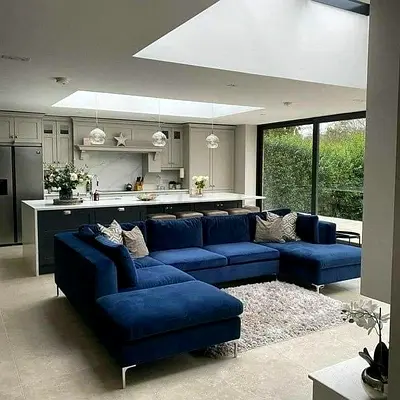 Large Blue Velvet U-Shaped Sectional Sofa