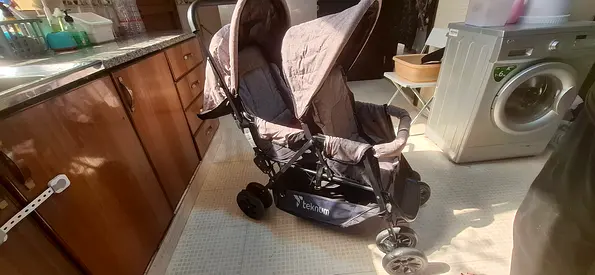 Twin/Double Umbrella Stroller - Light Grey, Good Condition slightly torn from front can be stitched