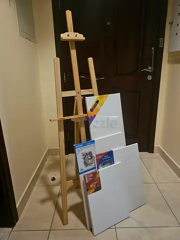 Adjustable Wooden Studio Easel with Canvases and Art Supplies