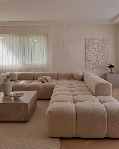 Large Modular Beige Bouclé Corner Sofa - Comfortable U-Shaped Sectional