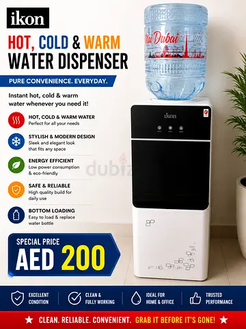 Ikon Hot, Cold  Warm Water Dispenser - Bottom Loading (Black/White) - AED 200