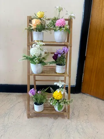 Wooden 3-Tier Plant Stand with Decorative Pots