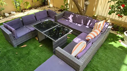 Outdoor Rattan Corner Sofa Set with Cushions and Glass Tables