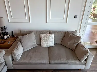 Beige 3-Seater Fabric Sofas with Cushions from West Elm - Good Condition - price is for pair