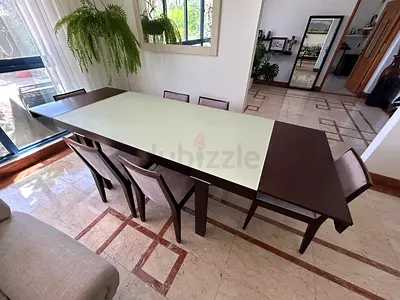 Solid Wood Extendable Dining Table with 6 Chairs and glass top