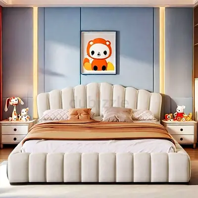 Modern upholstered queen bed with scalloped headboard