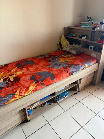Single wooden bed frame and Mattress with built-in storage and headboard shelf