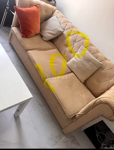 Beige 3-Seater Upholstered Sofa — Good Condition, Minor Stains.