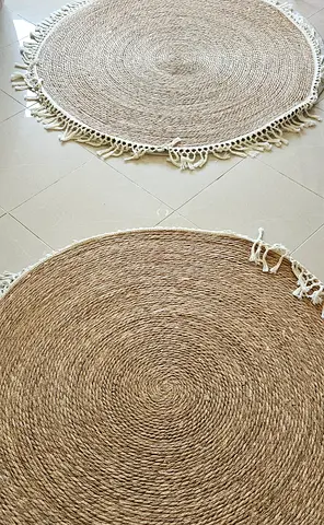 Pair of Round Natural Jute Rugs with Fringe — Excellent Condition