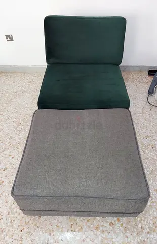 Single Seater Green Velvet Armless Sofa Lounge with Grey footrest