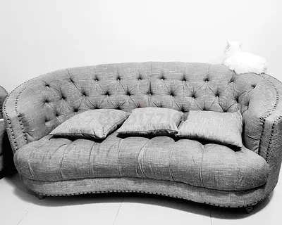 Grey Tufted Fabric Sofa with Stud Detail