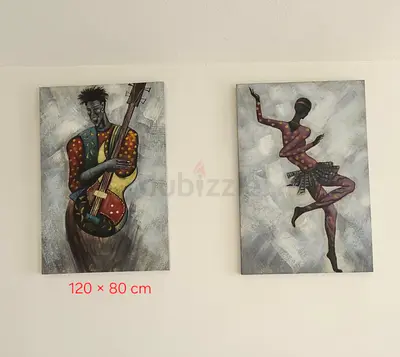 Pair of 120x80 cm African-style Canvas Paintings — Musician  Dancer. 120 for both.