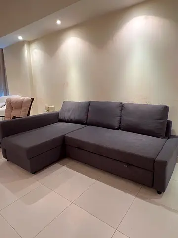 Grey L-shaped Fabric Sofa with Storage — Good Condition