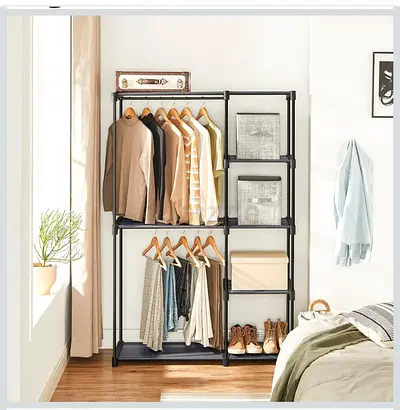 Open Wardrobe / Shelving Unit - Black Metal Frame