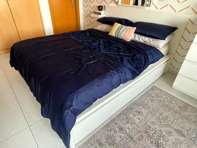 White Wooden Double Bed Frame with Underbed storage. Includes Free Chest of Drawers and a Side table