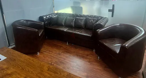 Brown 3 seater Leather Sofa with two Arm Chair for Sale