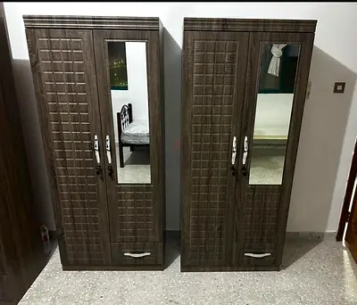Pair of matching 2-door wardrobes with mirrors - dark wood finish