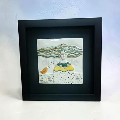 Handmade Glazed Ceramic Wall Tile in Black Shadow Box Frame