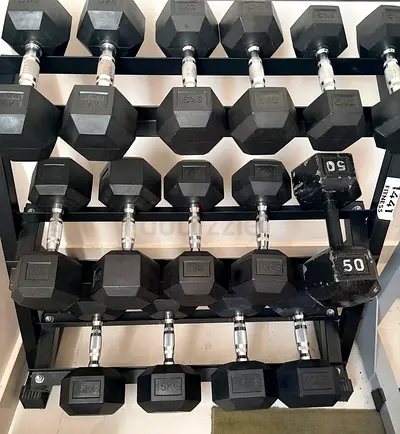Hex Dumbell Set with Rack, Kettlebells, Portable Dip Bars with Exercise Ball, other- Good Condition
