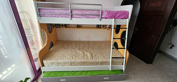 Wooden Bunk Bed with 1 single mattress, Storage shelf and Guard Rail - Used