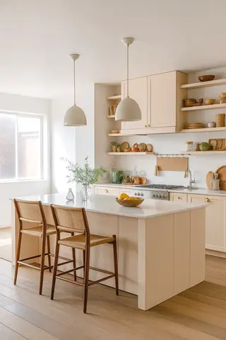 Neutral kitchen island with two wooden bar stools (set of 2)