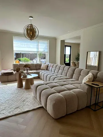 Large Beige Modular Tufted Sectional Sofa - L-Shaped, Comfortable Lounge