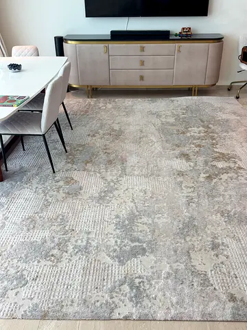 Large neutral abstract modern area rug — excellent condition