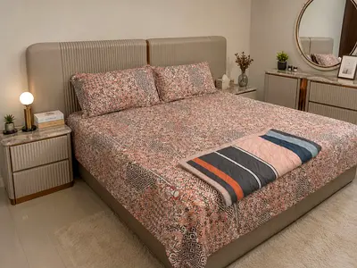 Bed frame with side table with matching dresser mirror