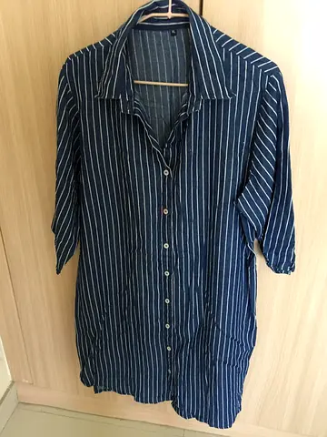 Navy Blue Pinstripe Long Button-Up Shirt Dress - Casual