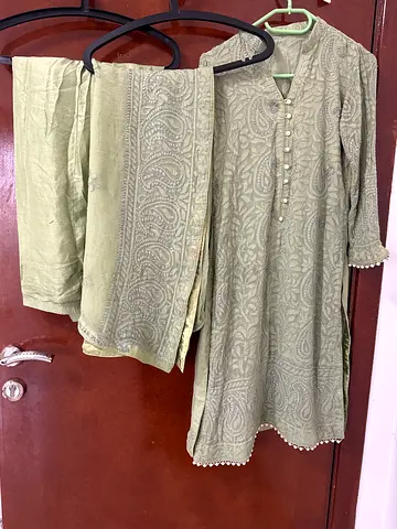 Womens Sage Green Chikankari Kurta Set