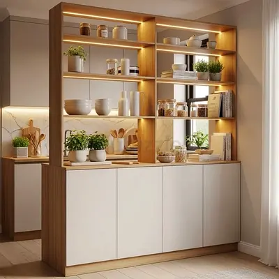 Modern Open-Back Kitchen Cabinet with Shelving and LED Lighting
