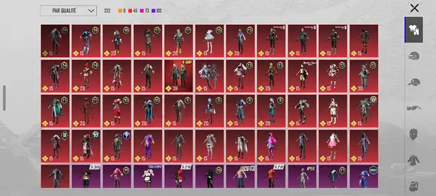 PUBG Mobile account with multiple character outfits and skins