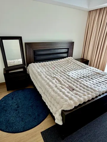 Bedroom Set - King Bed (180×200), Mattress, 2 Side Tables, Mirror - Solid Dark Wood