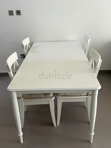 Modern White Dining Table with Matching Chairs available by 10th June