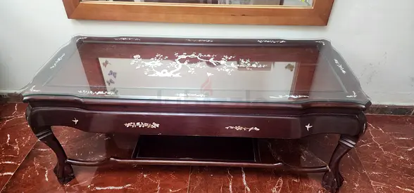 Solid Wood Coffee Table with Glass Top and Inlay Details