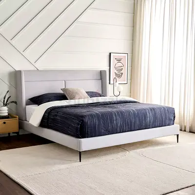 Modern Grey Upholstered Bed Frame with Padded Headboard