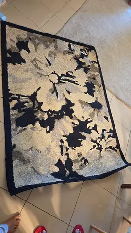 Used modern abstract area rug — neutral black, grey and cream, 4x6 approx