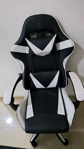 Black  White Racing-Style Gaming Chair with Lumbar and Head Support