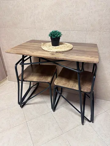 Wooden Bar Table with Two Stools - Industrial Style
