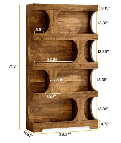 Tall Wooden Bookcase with Curved Shelf Openings - 5-Tier