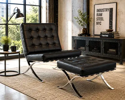 Barcelona  Black Leather Lounge Chair with Ottoman from Object Of Design