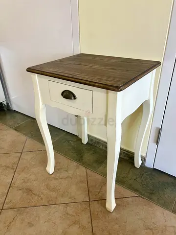 Solid Wood Side Table with Drawer - Rustic White Finish