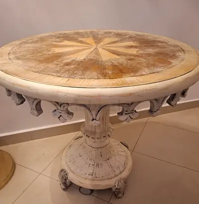 Vintage wooden coffee table on wheels