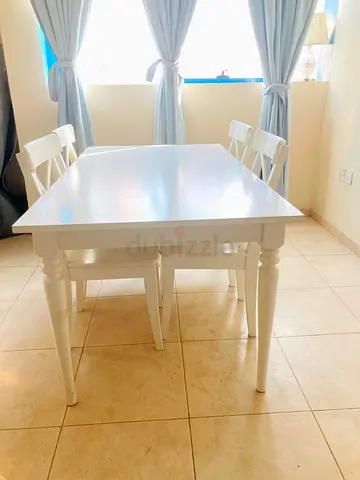 White Wooden Dining Table with 4 Chairs - Good Condition