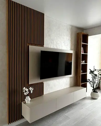 Modern wall-mounted entertainment unit with shelving